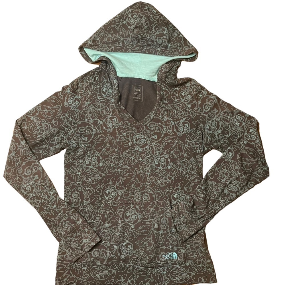 The North Face Hooded Long Sleeve Top brown with turquoise print size S